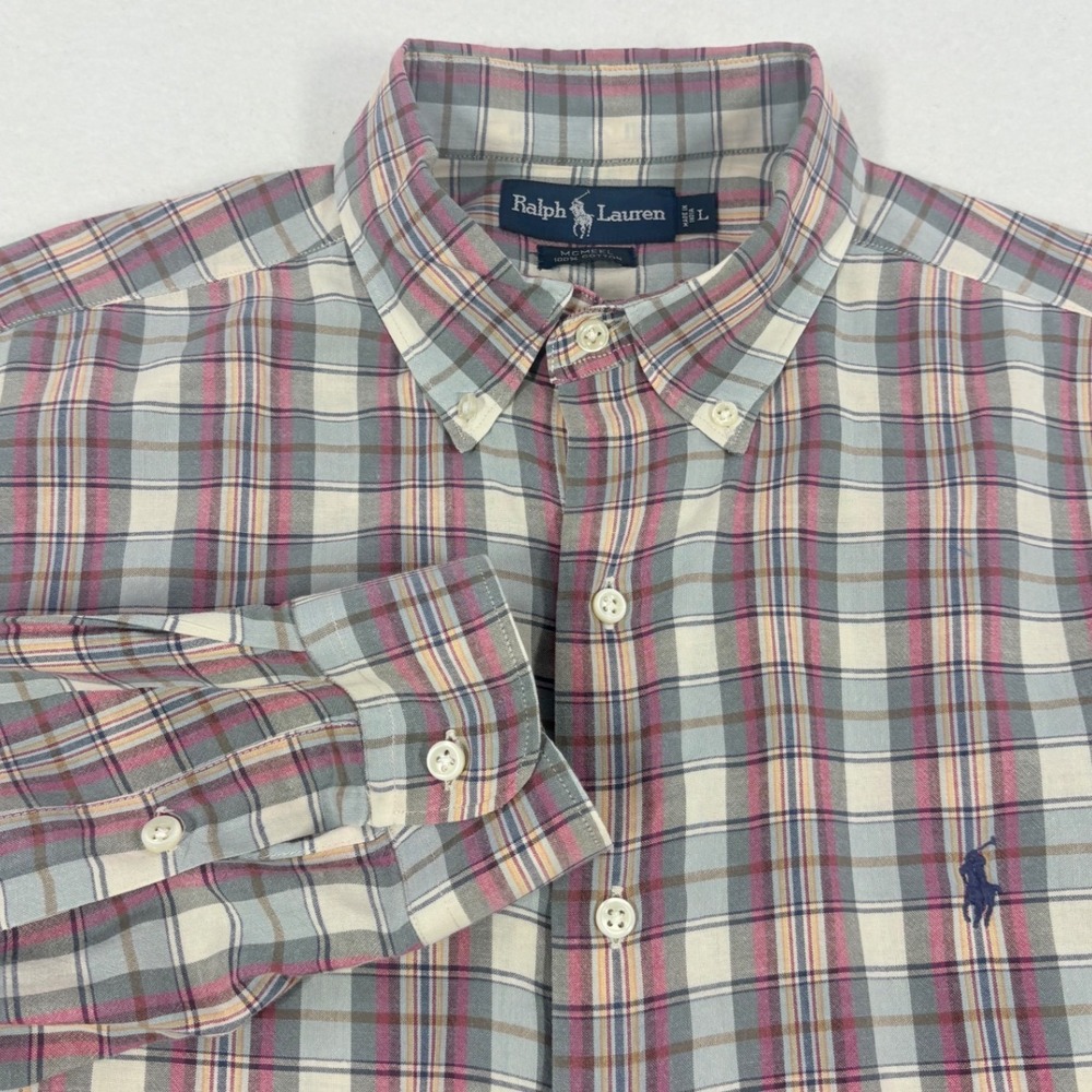 VTG Ralph Lauren Button Down Mens L Pink Blue Plaid McMeel Cotton LS  Shirt Y2K